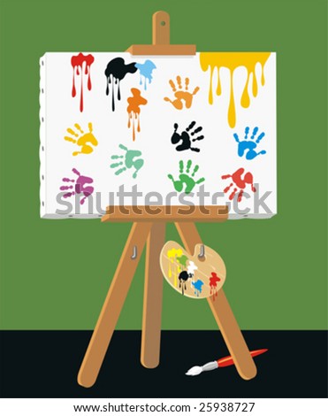 Easel with canvas painted with children handprints and inkdrops. No gradient fills. Easy to customize.