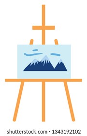 Easel with a canvas with a painting of the mountaines  vector illustration on white background 