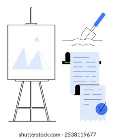 Easel with a canvas showing minimalist mountains, a scroll with text and checkmark, and a trowel digging soil. Ideal for art, creativity, education, gardening, and planning themes. Simple clean style