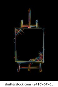 Easel and canvas sketch. Stylized vector drawing in colors over black
