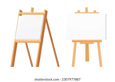 Asel, soporte de lona o trípode de madera con dibujos animados aislados de fondo blanco. Pizarra para la pintura, seminario.