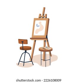 Easel and chair, artists workplace. Abstract painting on paper on wood tripod, art supplies on table, drawing artistic tools, stuff. Flat graphic vector illustration isolated on white background