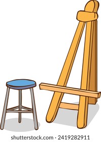 Easel and chair, artists' workplace. Wooden tripod , drawing artistic tools, things. Flat graphic vector illustration isolated on white background