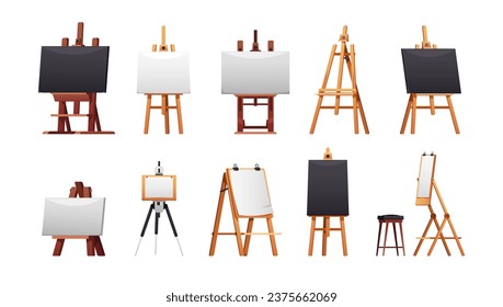 Colección de anguilas. Marcos de pizarra, tablero de lona en blanco para pintura de artistas, simulación de estudio. Conjunto de vectores. Equipo para dibujar, soporte con lienzo para la creación de obras de arte