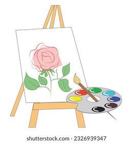Easel and colorful palette with paints, brush. Elements of the artist. Banner for drawing school. Vector illustration, flat design, cartoon style isolated on white background.
