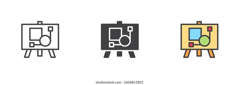 Easel with a display board showing geometric shapes different style icon set. Line, glyph and filled outline colorful version, outline and filled vector sign. Creative design symbol, logo illustration