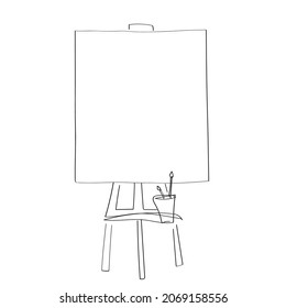 Easel with empty canvas and paint brushes. Vector black and white single line illustration. Line drawing. Trendy minimalistic line art illustration. Artist equipments. Space for a text and picture