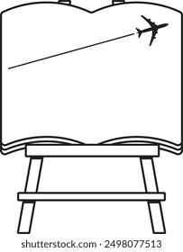Easel frame in the shape of a book with a plane taking off