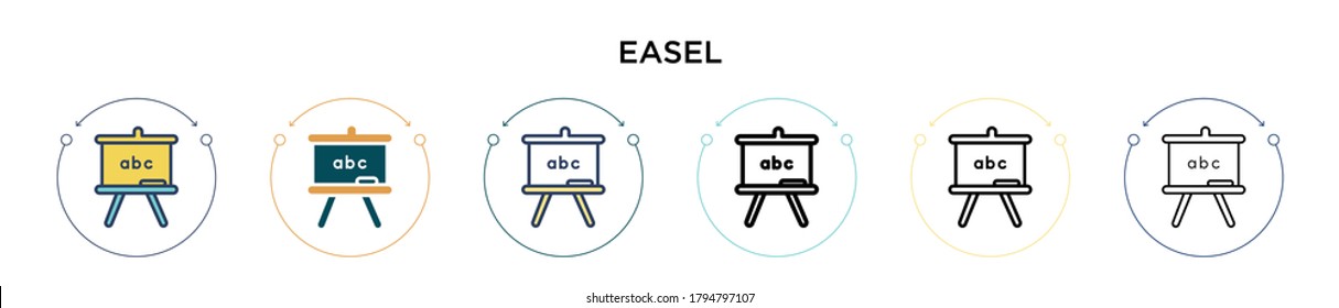 Easel icon in filled, thin line, outline and stroke style. Vector illustration of two colored and black easel vector icons designs can be used for mobile, ui, web