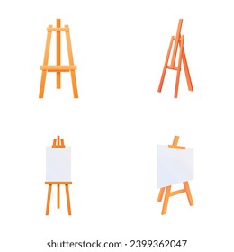Iconos de caballete establecen el vector de dibujos animados. Pintar escritorio con lienzo blanco en blanco. Dibujo, equipo