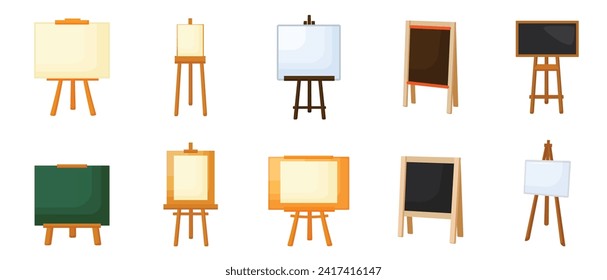 Easel icons set cartoon vector. Artist poster. Empty canvas tripod