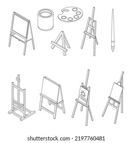 Easel icons set. Isometric set of easel vector icons outline thin lne isolated on white