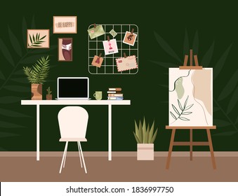 Easel in the Interior.Home office interior. Workplace Home.Trendy loft. Workspace for the Artist. Table with a laptop, books, a lattice mood board with a photo. Modern apartment design. Vector stock i