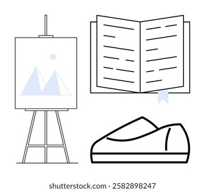 Easel with mountain painting, open book with text, and a shoe sketch arranged together. Ideal for education, creativity, art, literature, leisure, lifestyle, relaxation. Line metaphor