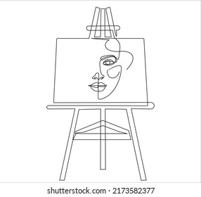 Easel on which a beautiful woman is drawn in continuous one line drawing. Simple outline style.