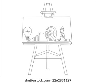 Easel on which of light bulb with a dart board, increasing up arrows bar graph and Rocket launch, ship is drawn in continuous one line drawing. Startup idea and winning education or business success