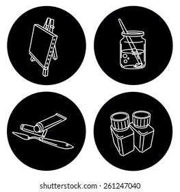 easel. paint. brush. jars. linear pictures. black and white