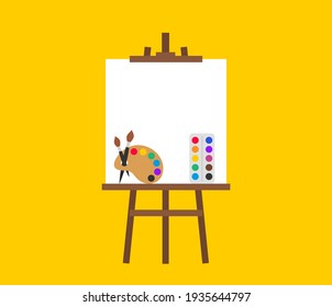easel paint palette and brush vector illustration isolated on yellow background