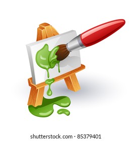 Easel and paintbrush. Paintbrush coloring canvas on easel isolated on white background.