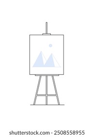 Um cavalete com uma pintura de montanhas sobre um fundo branco. Representa arte, criatividade ou educação. Ideal para artes visuais, design e ilustrações de expressão artística.