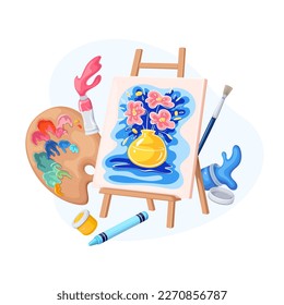 Easel with painting on canvas and artists tools vector illustration. Cartoon isolated wooden stand with art picture of flowers in vase, painters brush, color palette and paint in tubes and bottles