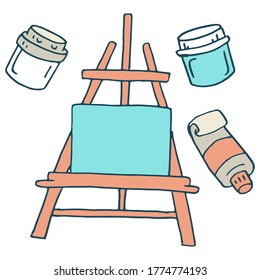 Easel and paints sticker set on white isolated backdrop. Drawing tool for invitation or gift card, notebook, bath tile, scrapbook. Phone case or cloth print art. Doodle style stock vector illustration