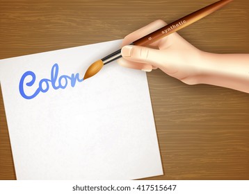 Easel with paper sheet and human hand holding synthetic brush design concept in realistic style vector illustration