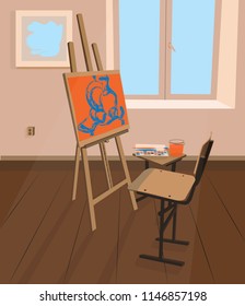 Easel with a picture in the interior. Painted orange still life.