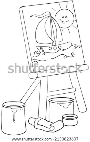 Easel picture and paints. Element for coloring page. Cartoon style.