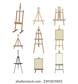 caricatura de conjunto de caballete. soporte de lienzo, vacío en blanco, símbolo de la exposición de madera. ilustración vectorial de símbolo aislado