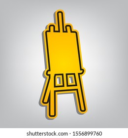 Easel sign. Flat orange icon with overlapping linear black icon with gray shadow at whitish background. Illustration.