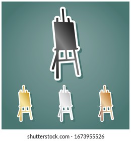 Easel sign. Set of metallic Icons with gray, gold, silver and bronze gradient with white contour and shadow at viridan background. Illustration.