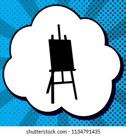 Easel sign. Vector. Black icon in bubble on blue pop-art background with rays.
