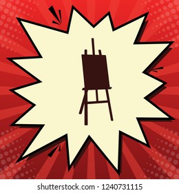 Easel sign. Vector. Dark red icon in lemon chiffon shutter bubble at red popart background with rays.