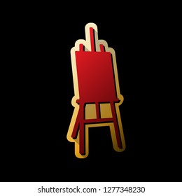 Easel sign. Vector. Red icon with small black and limitless shadows at golden sticker on black background.