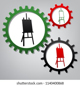 Easel sign. Vector. Three connected gears with icons at grayish background.