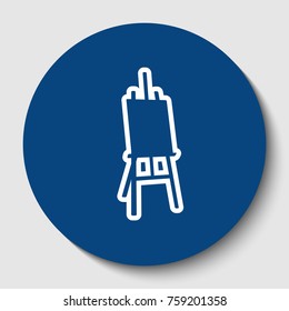 Easel sign. Vector. White contour icon in dark cerulean circle at white background. Isolated.