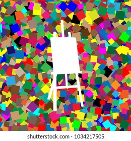 Easel sign. Vector. White icon on colorful background with seamless pattern from squares.