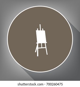 Easel sign. Vector. White icon on brown circle with white contour and long shadow at gray background. Like top view on postament.