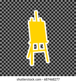 Easel sign. Vector. Yellow icon with white contour on dark transparent background.