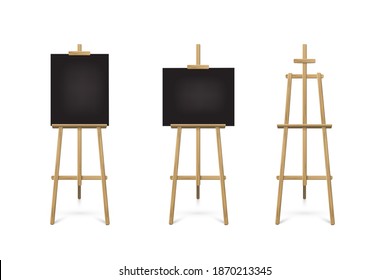 Easel standing with black board or canvas set. Blank blackboard on wooden tripod for art, painting, drawing or announcement vector illustration. Studio equipment on white background.