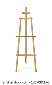 El caballete de pie sobre fondo blanco. Trípode de madera para ilustraciones vectoriales de arte, pintura, dibujo o anuncio. Equipo de estudio artístico diseño de objeto único, vista frontal.