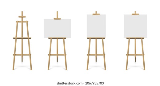 Easel standing with white board or canvas set. Blank blackboards on wooden tripod for art, painting, drawing or announcement vector illustration. Studio equipment on white background.