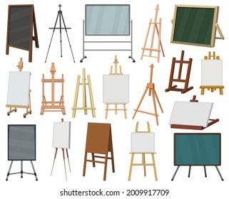 Easel vector cartoon icon set . Collection vector illustration easel on white background. Isolated cartoon illustration icon set of canvas on stand for web design.