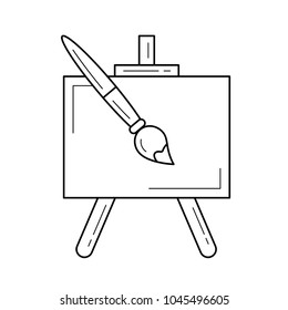 Easel vector line icon isolated on white background. Artistic equipment - empty artist canvas on easel and paint brush line icon for infographic, website or app.