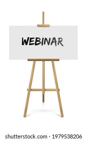 Easel with webinar text on paper standing on white background. Wooden tripod with educational announcement vector illustration. Artistic studio equipment object design, front view.