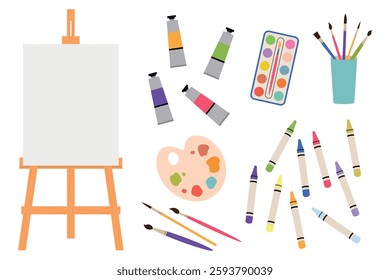 Easel with white canvas, paints, brushes, palette and wax crayons. Set of artist's accessories. Vector illustration.
