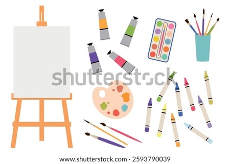 Easel with white canvas, paints, brushes, palette and wax crayons. Set of artist's accessories. Vector illustration.