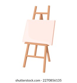 Easel with white empty canvas on board vector illustration. Cartoon isolated blank wooden stand for painters and artists work in art studio, easel tripod for artwork picture or poster presentation