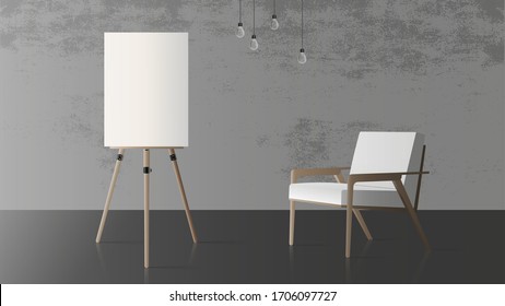 Easel and white stylish armchair. Wooden easel. Concrete gray wall. Realistic vector illustration.